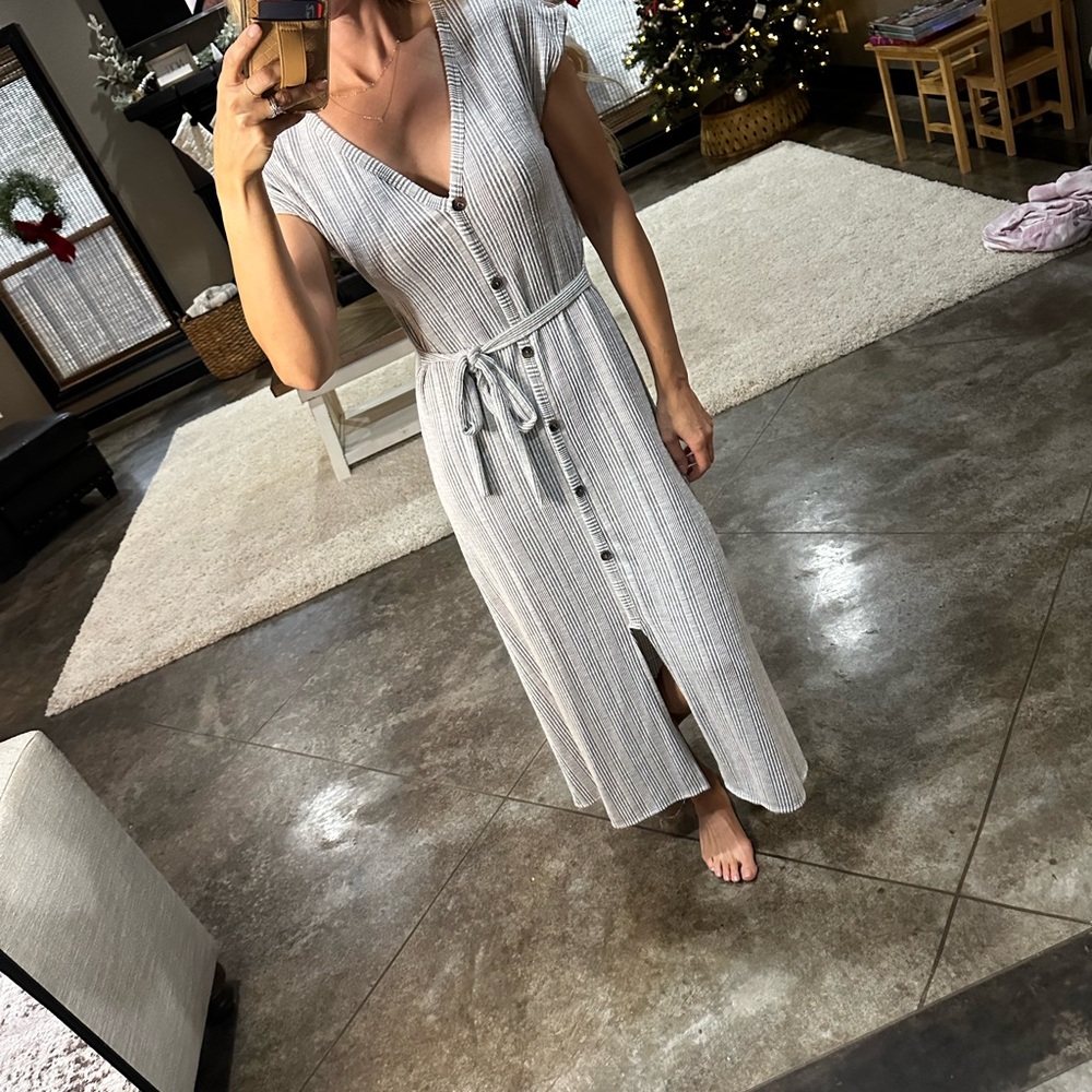 Caution To The Wind Striped Gray Midi Dress